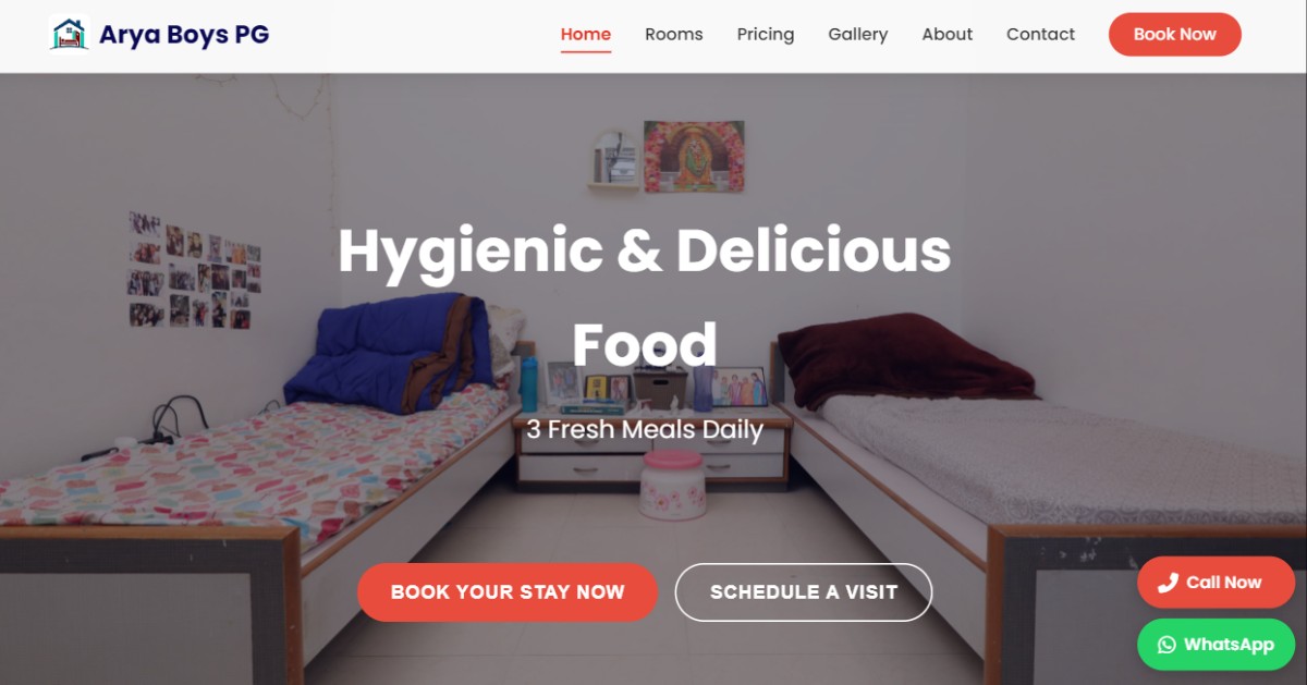 Arya Boys PG & Hostel Website Development | Hospitality Web Design Case Study